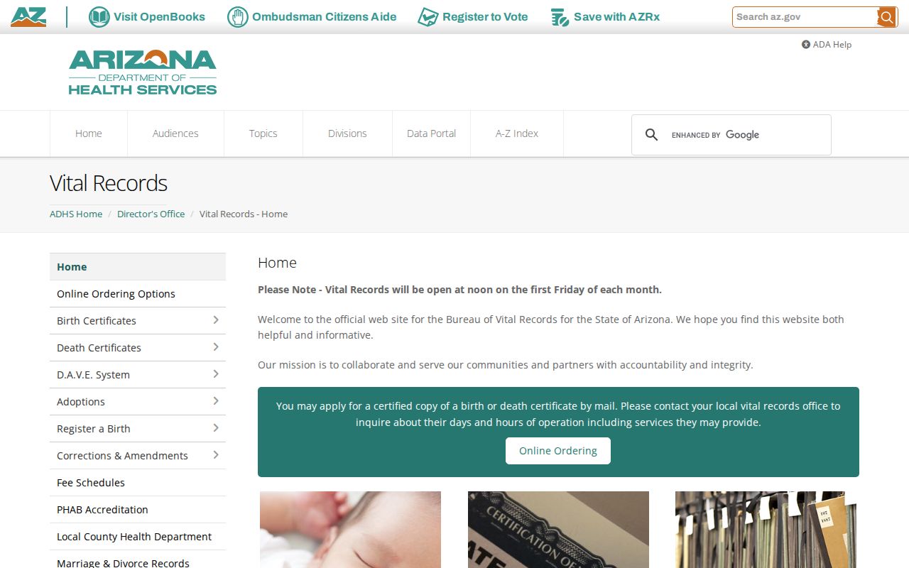 Arizona vital records page for eligible Surprise birth and death certificate requests
