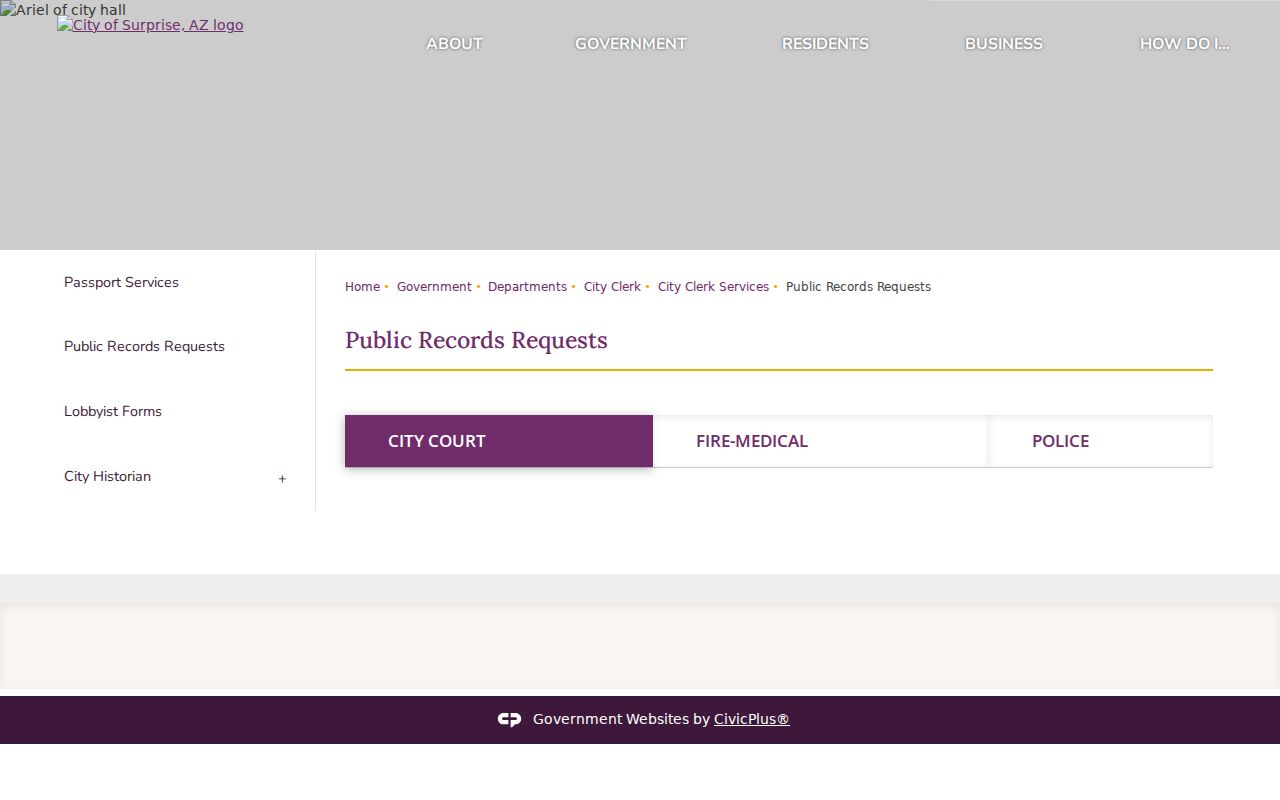 City of Surprise public records request routing page